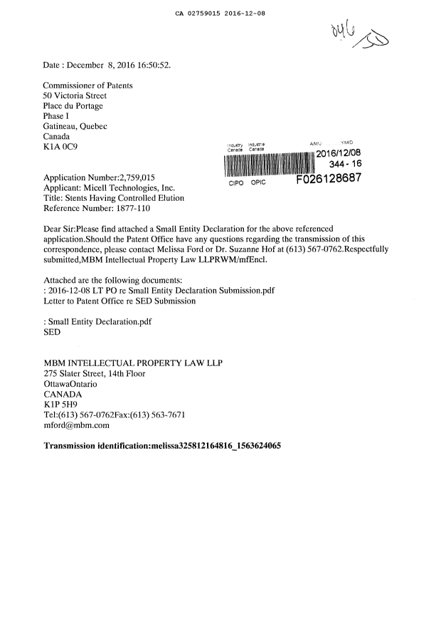 Document de brevet canadien 2759015. Correspondance 20151208. Image 1 de 3