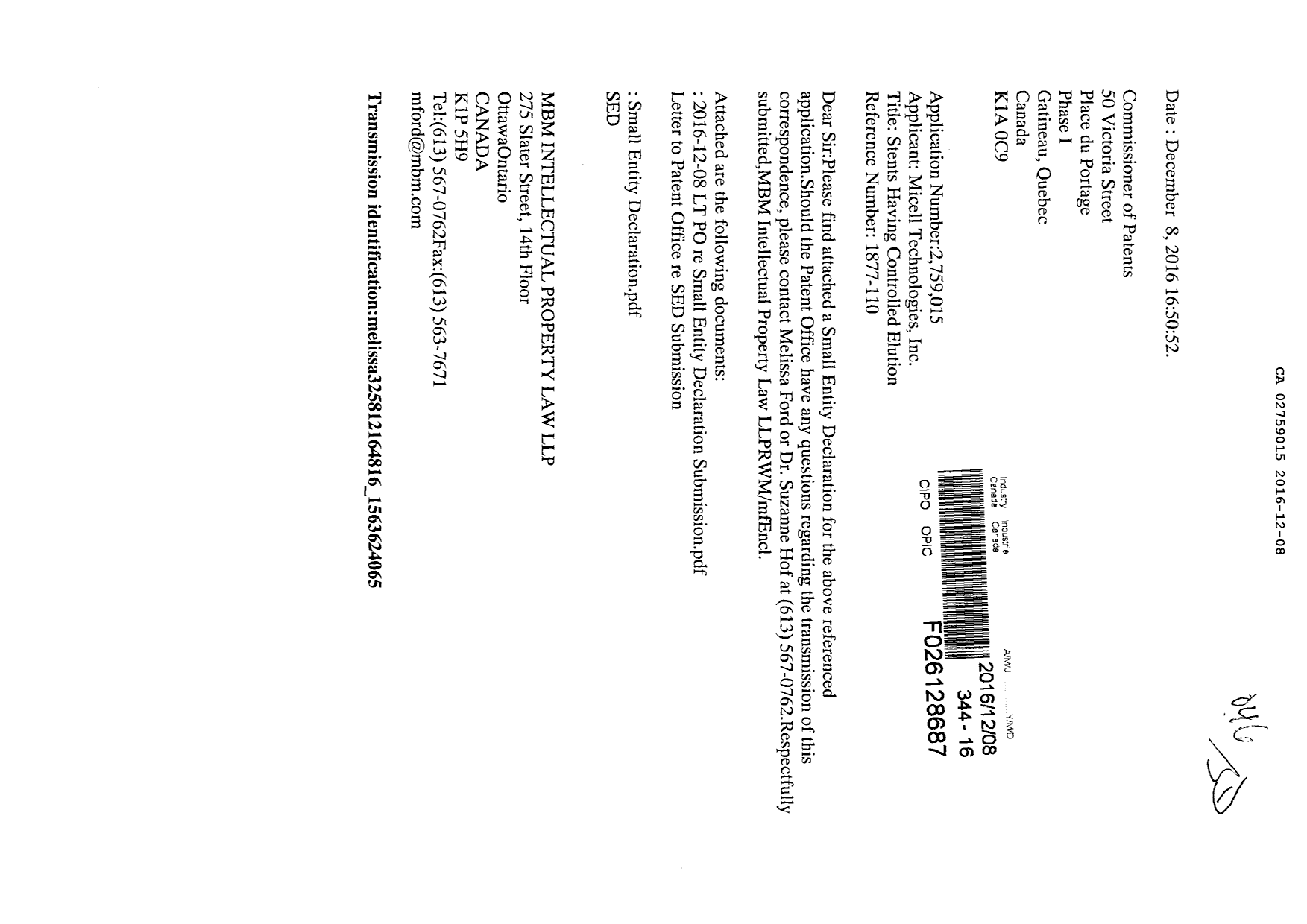 Canadian Patent Document 2759015. Correspondence 20151208. Image 1 of 3