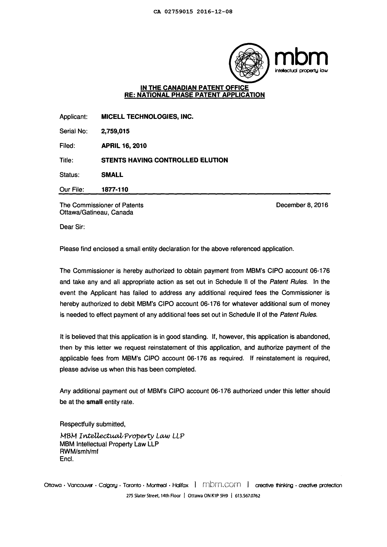 Document de brevet canadien 2759015. Correspondance 20151208. Image 2 de 3