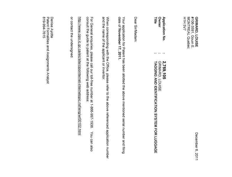 Document de brevet canadien 2759105. Correspondance 20101206. Image 1 de 1