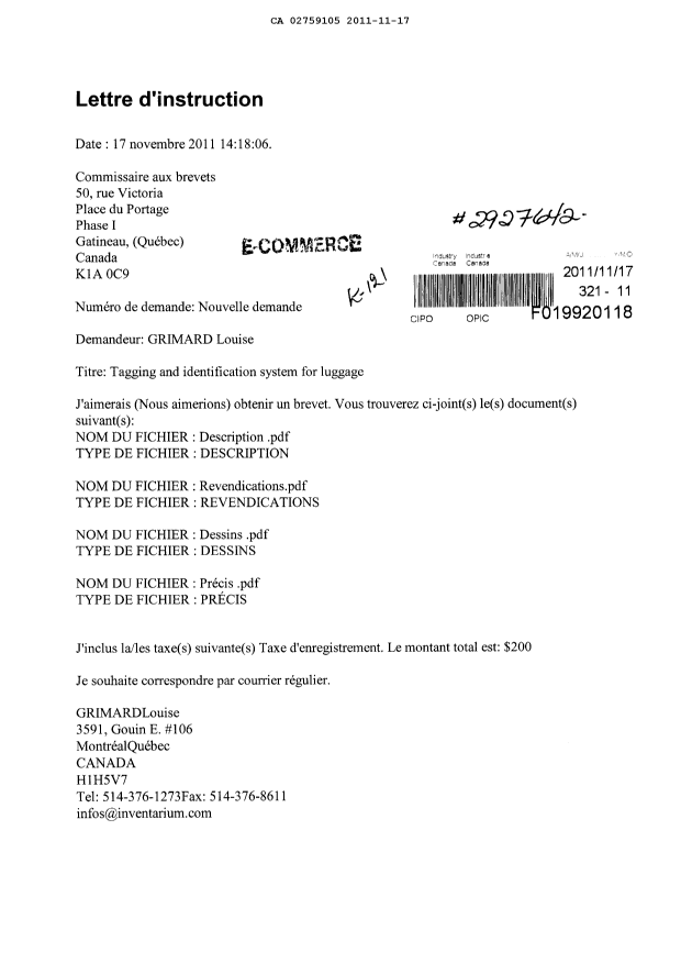 Document de brevet canadien 2759105. Cession 20101217. Image 1 de 4