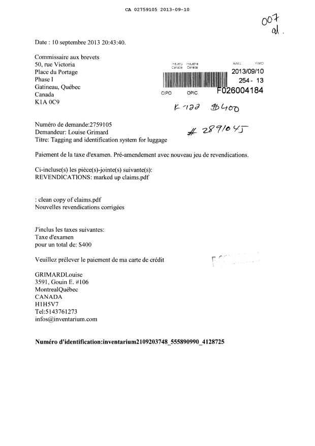 Document de brevet canadien 2759105. Poursuite-Amendment 20121210. Image 1 de 11