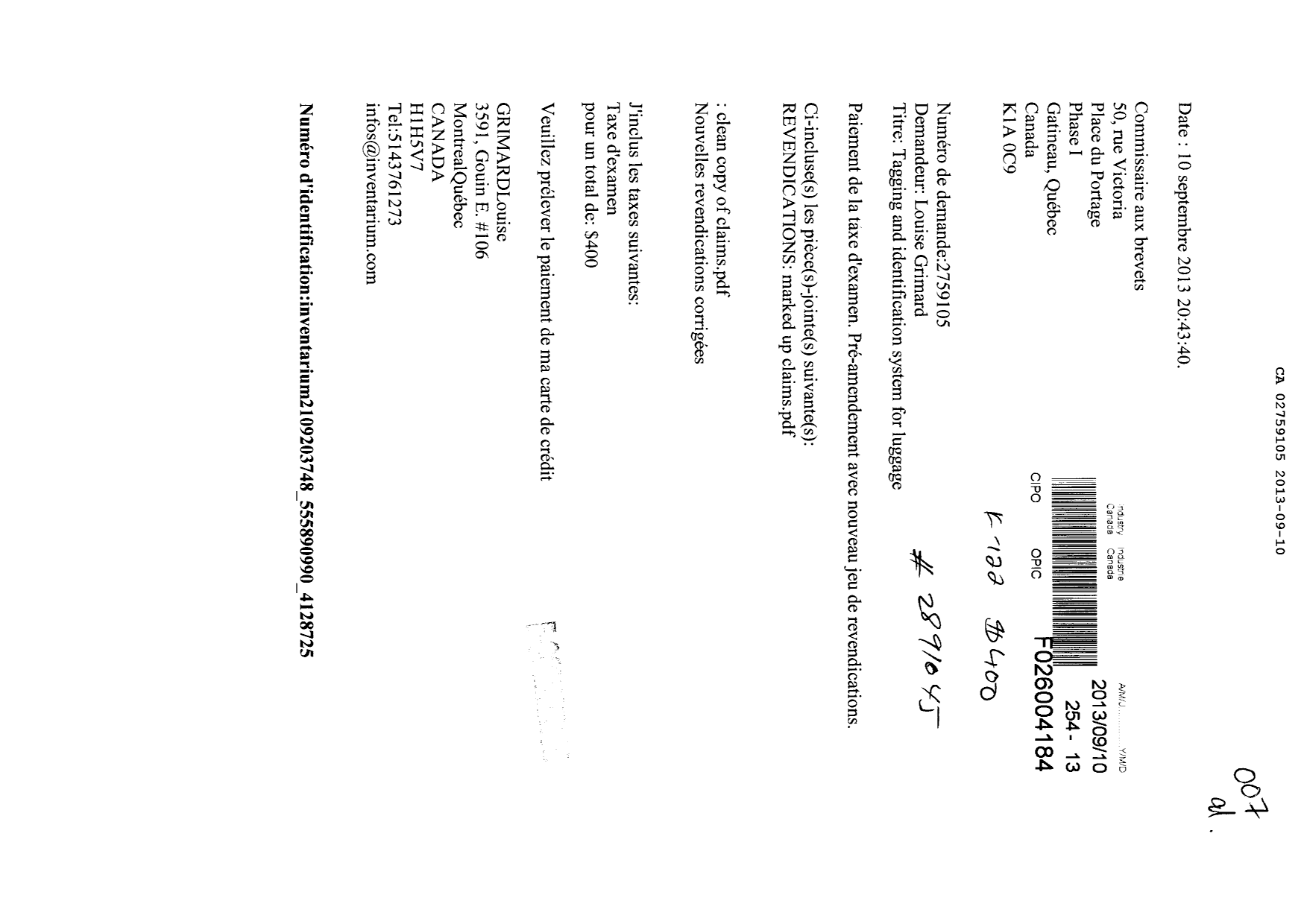Document de brevet canadien 2759105. Poursuite-Amendment 20121210. Image 1 de 11