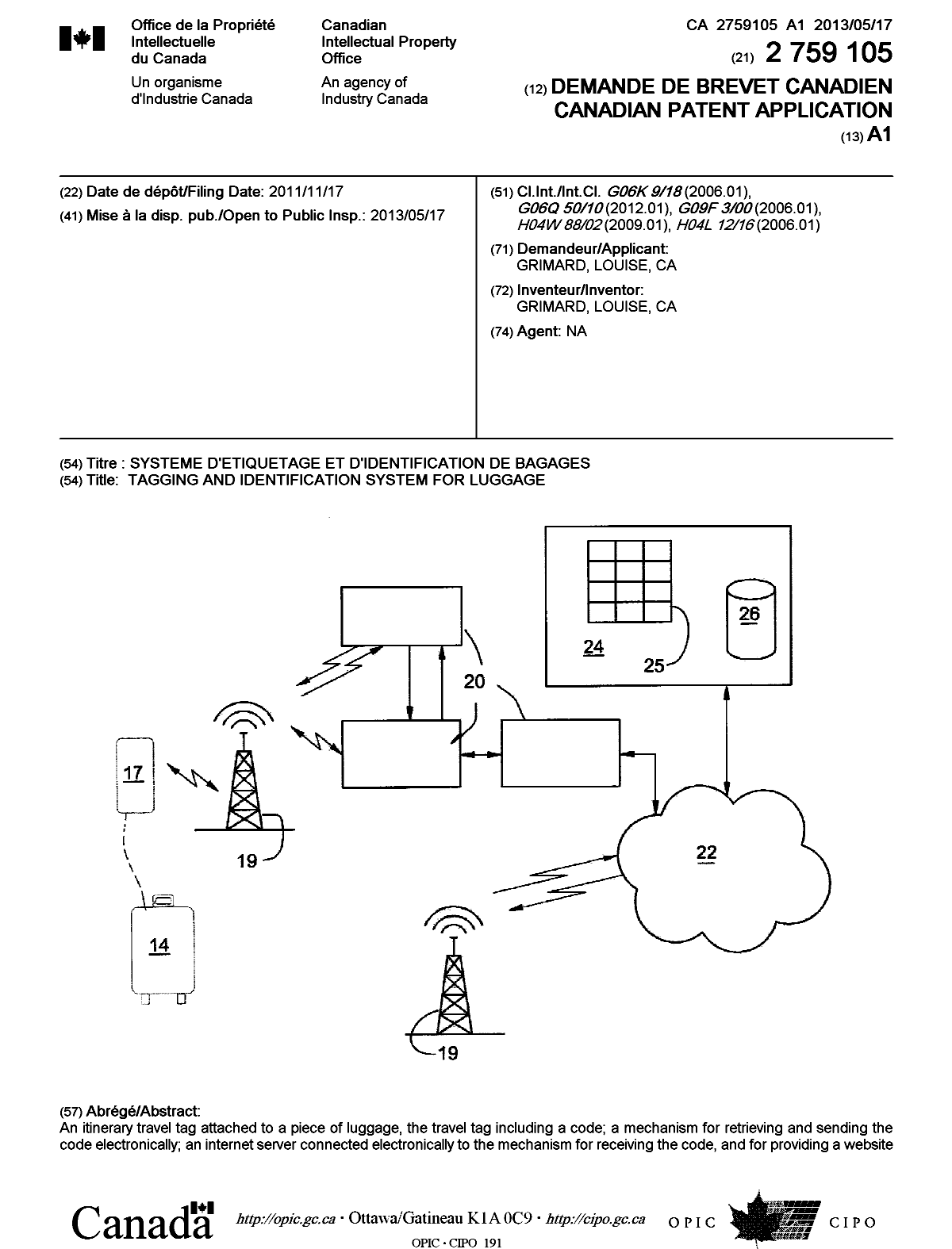 Document de brevet canadien 2759105. Page couverture 20121215. Image 1 de 2