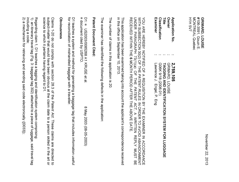 Document de brevet canadien 2759105. Poursuite-Amendment 20121222. Image 1 de 4
