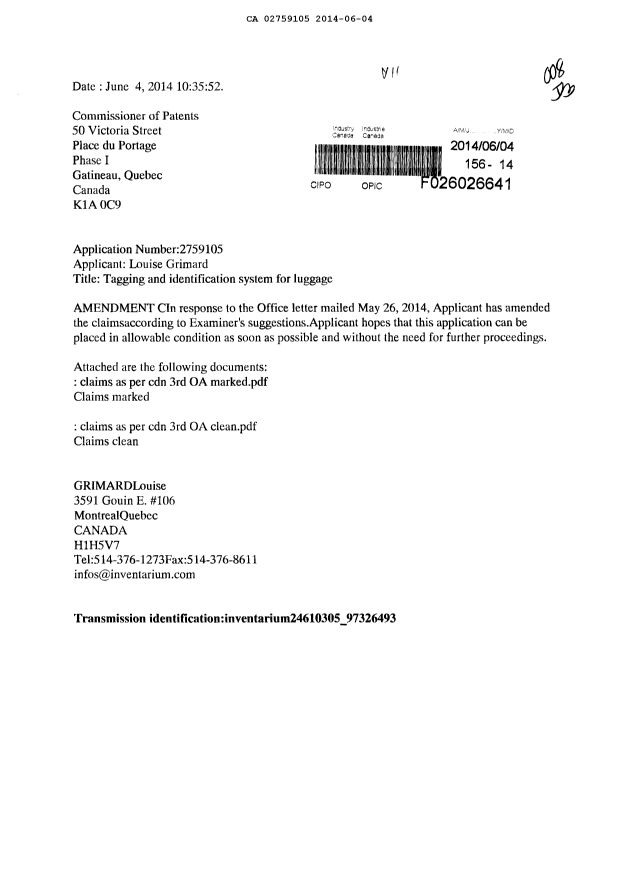 Document de brevet canadien 2759105. Poursuite-Amendment 20131204. Image 1 de 7