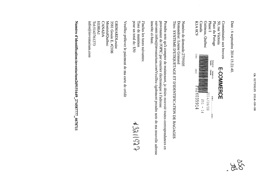 Document de brevet canadien 2759105. Taxes 20131208. Image 1 de 1