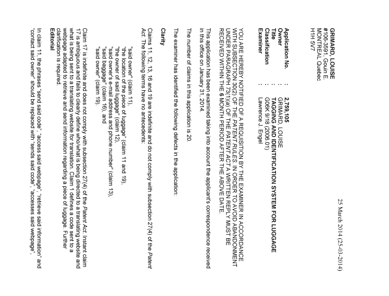 Document de brevet canadien 2759105. Poursuite-Amendment 20131225. Image 1 de 2