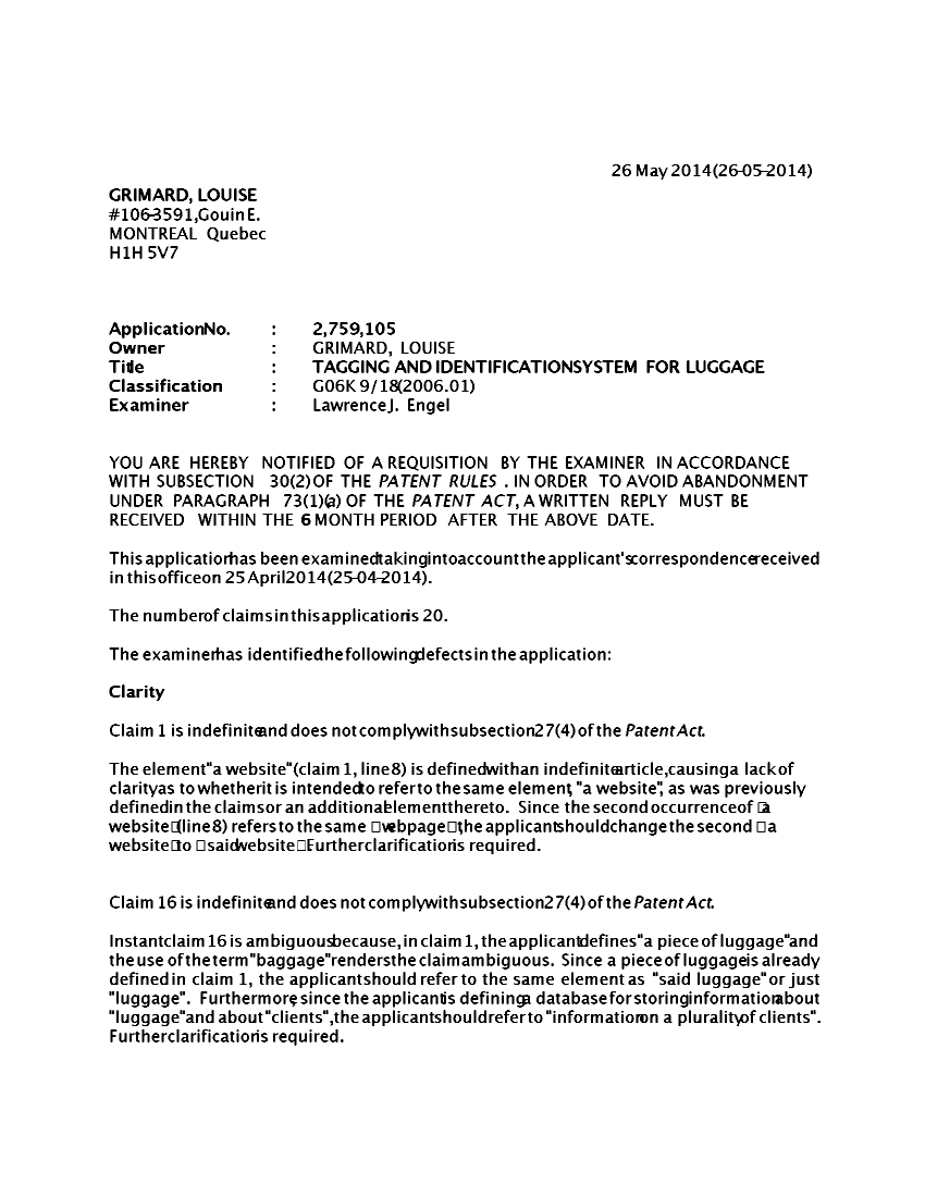 Document de brevet canadien 2759105. Poursuite-Amendment 20131226. Image 1 de 2
