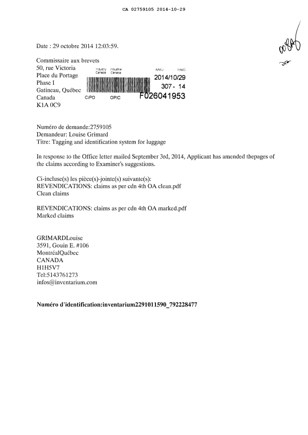 Document de brevet canadien 2759105. Poursuite-Amendment 20131229. Image 1 de 9