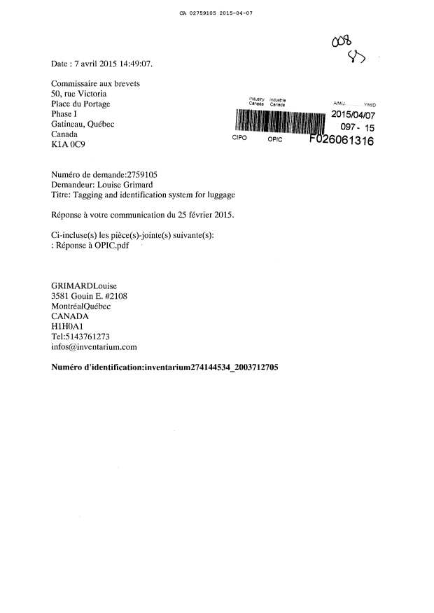 Document de brevet canadien 2759105. Poursuite-Amendment 20141207. Image 1 de 6