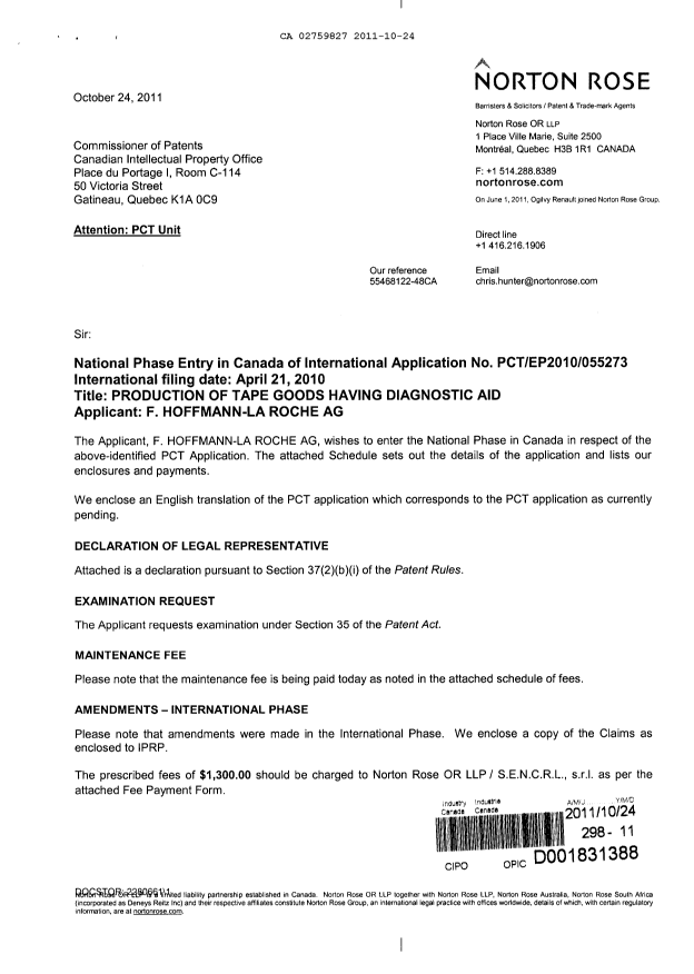 Document de brevet canadien 2759827. Cession 20111024. Image 1 de 6