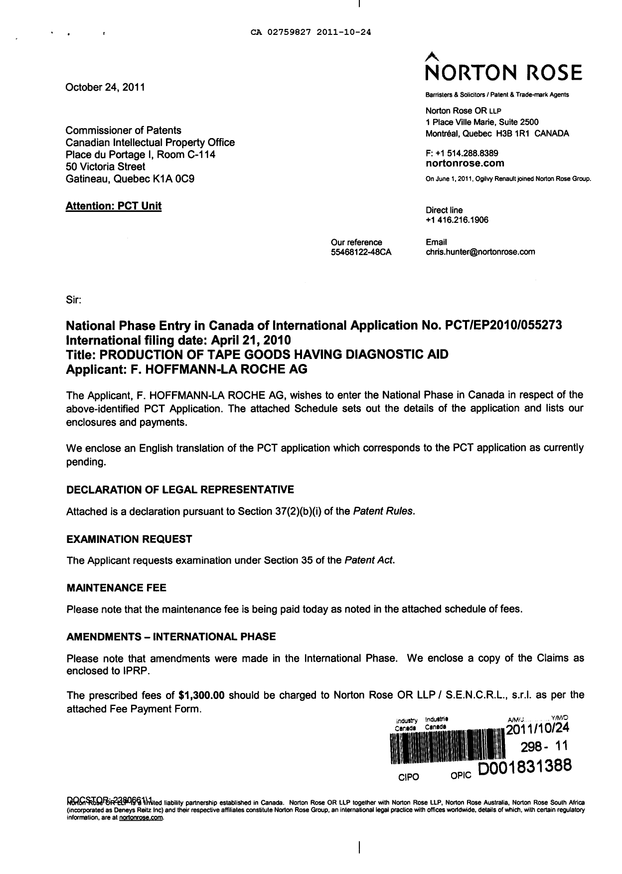 Canadian Patent Document 2759827. Assignment 20111024. Image 1 of 6