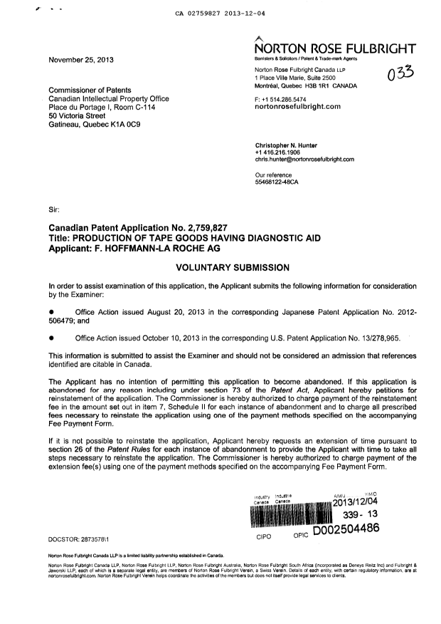 Document de brevet canadien 2759827. Poursuite-Amendment 20131204. Image 1 de 2