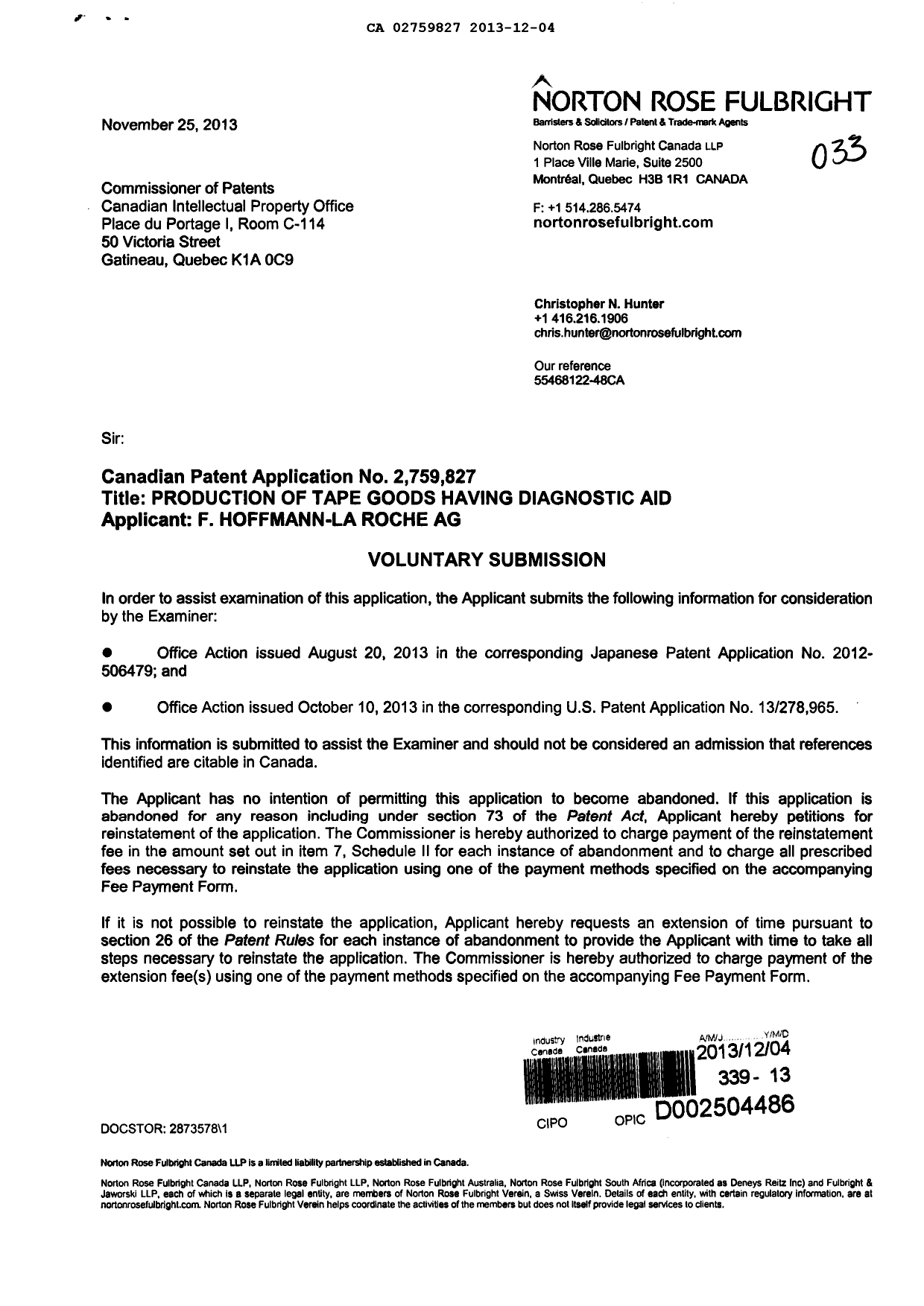 Canadian Patent Document 2759827. Prosecution-Amendment 20131204. Image 1 of 2