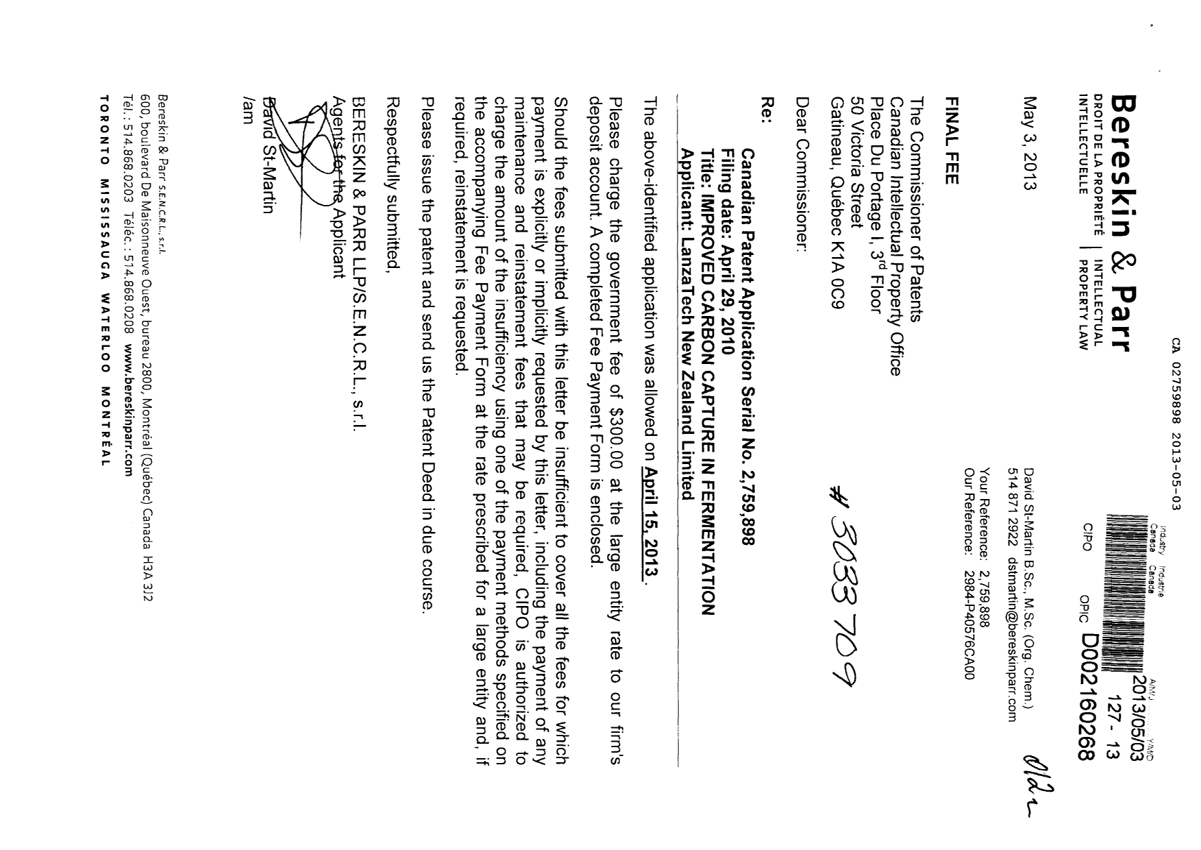 Document de brevet canadien 2759898. Correspondance 20121203. Image 1 de 1