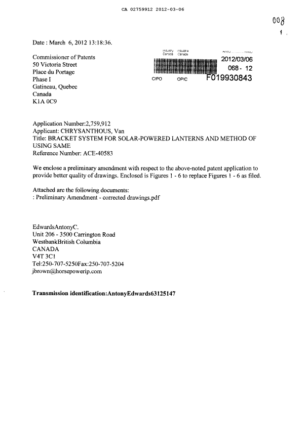 Canadian Patent Document 2759912. Prosecution-Amendment 20111206. Image 1 of 9