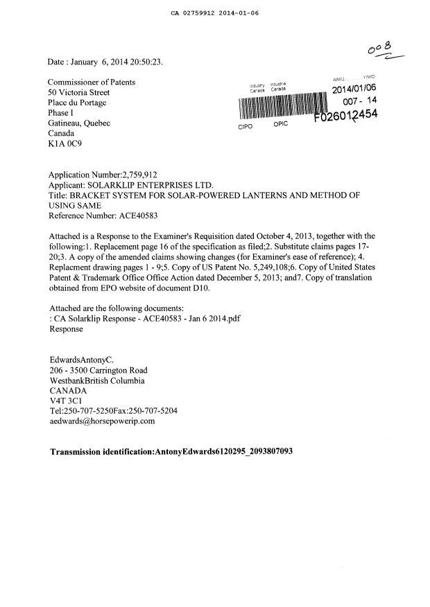 Document de brevet canadien 2759912. Poursuite-Amendment 20131206. Image 1 de 28