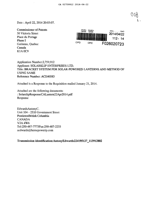 Canadian Patent Document 2759912. Prosecution-Amendment 20131222. Image 1 of 7