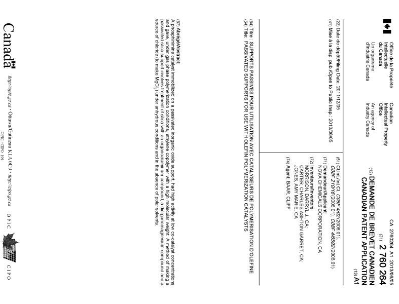 Document de brevet canadien 2760264. Page couverture 20121231. Image 1 de 1