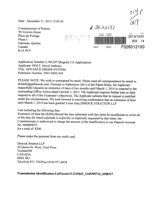 Document de brevet canadien 2760307. Correspondance 20121231. Image 1 de 1