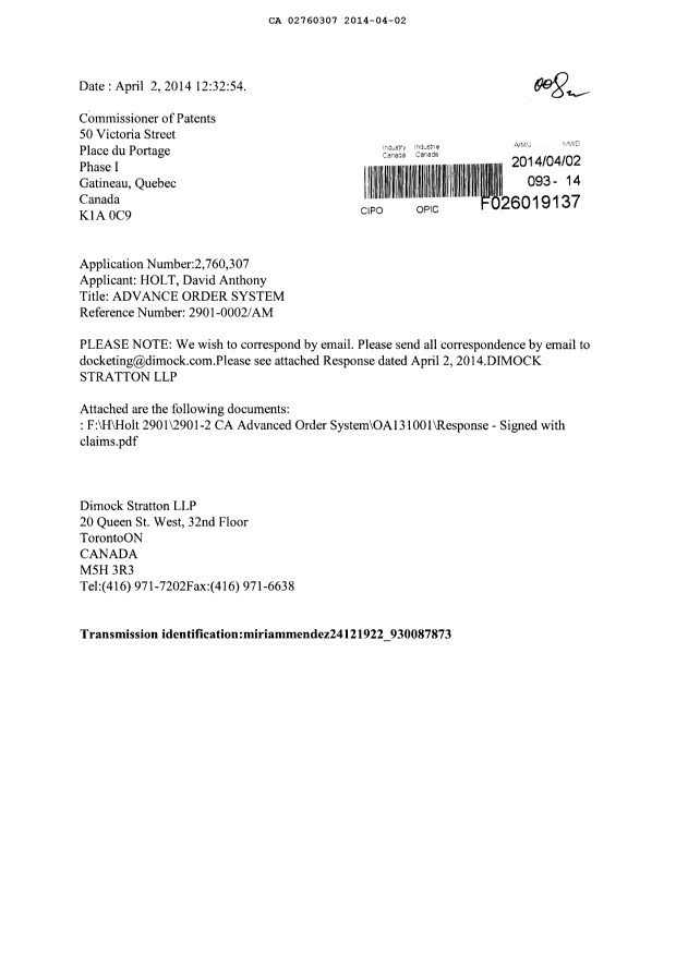 Document de brevet canadien 2760307. Poursuite-Amendment 20131202. Image 1 de 9