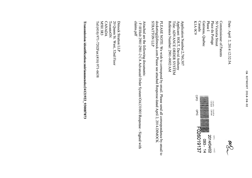 Document de brevet canadien 2760307. Poursuite-Amendment 20131202. Image 1 de 9