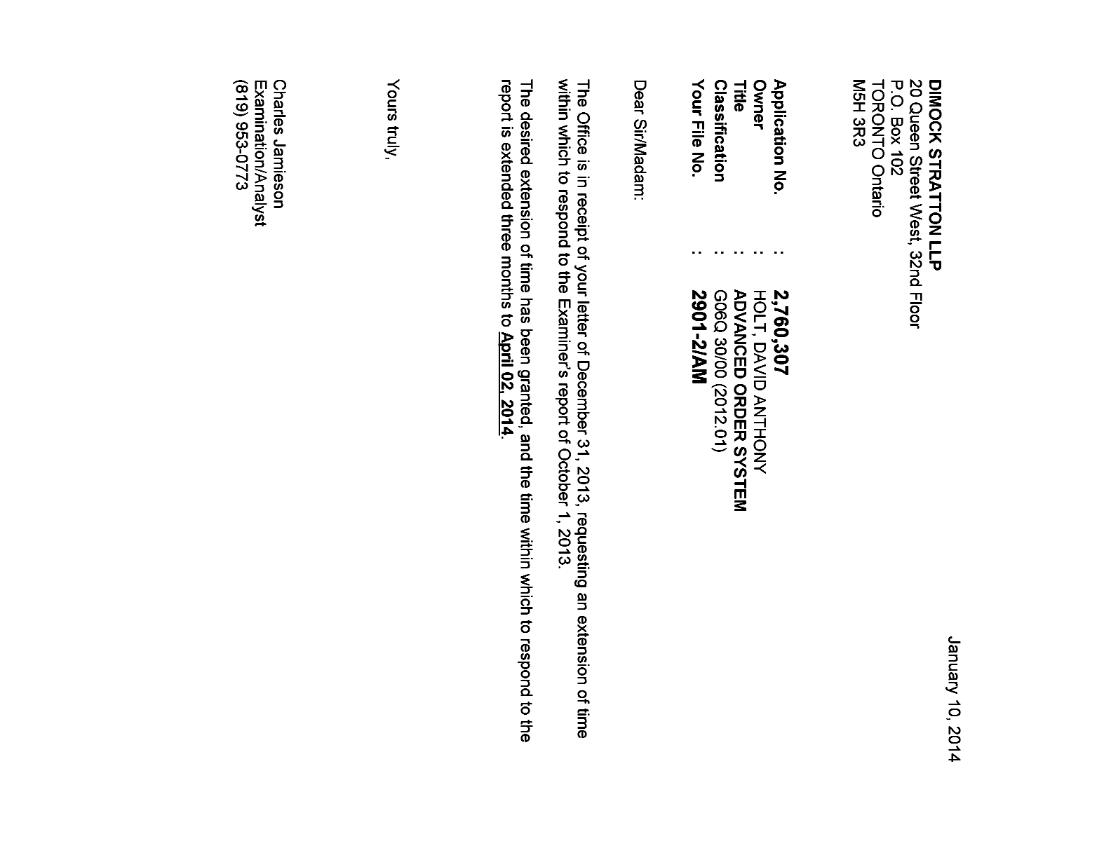 Document de brevet canadien 2760307. Correspondance 20131210. Image 1 de 1