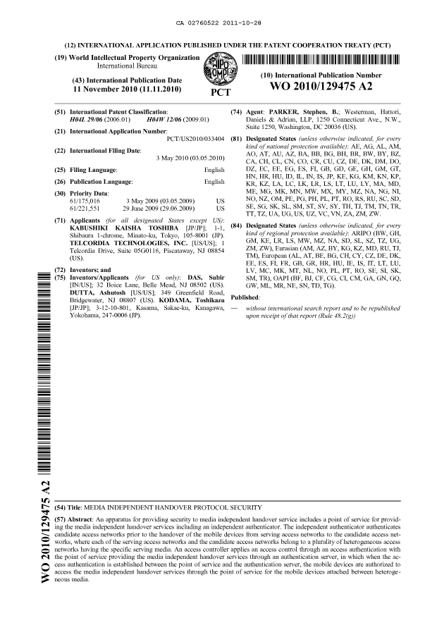 Document de brevet canadien 2760522. Abrégé 20111028. Image 1 de 1