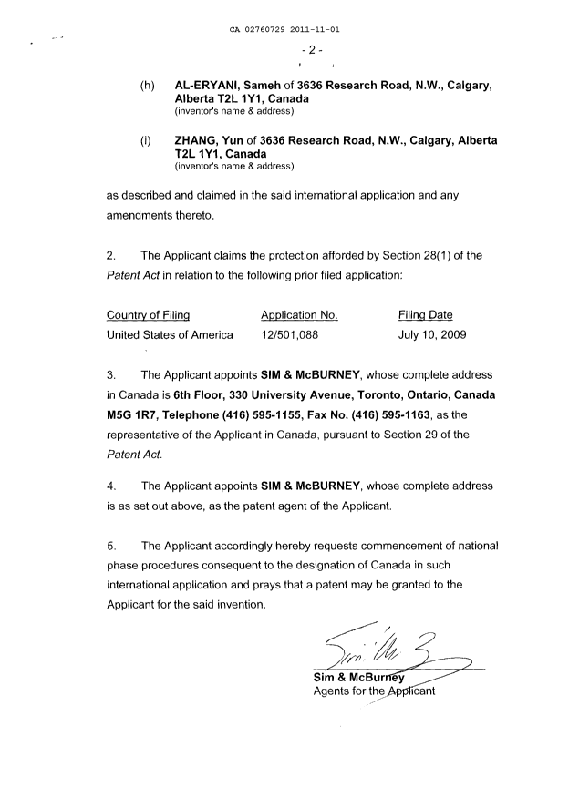 Canadian Patent Document 2760729. Assignment 20111101. Image 4 of 4
