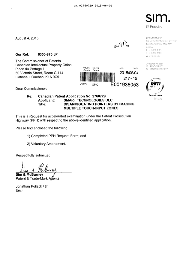 Document de brevet canadien 2760729. Requête ATDB (PPH) 20150804. Image 1 de 15