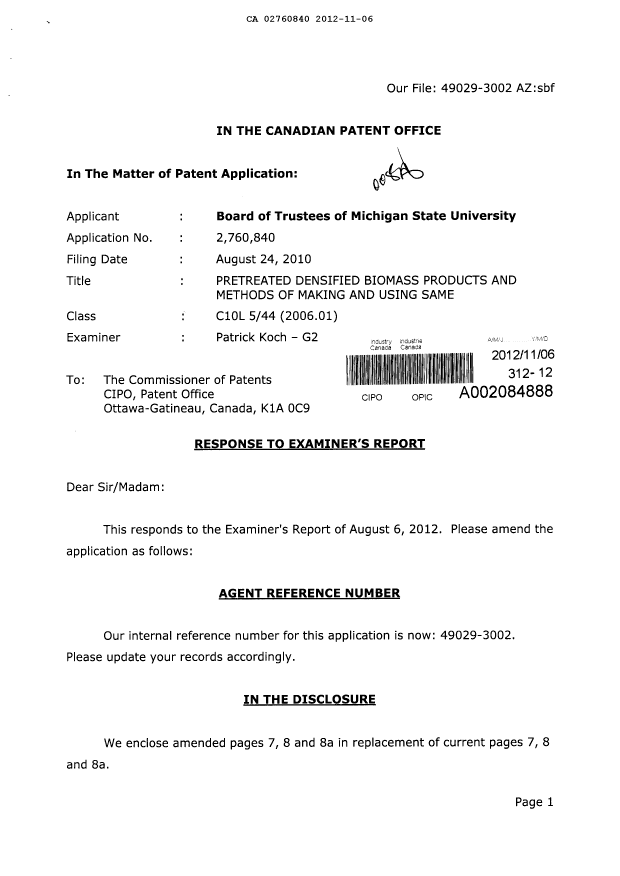 Canadian Patent Document 2760840. Prosecution-Amendment 20111206. Image 1 of 14