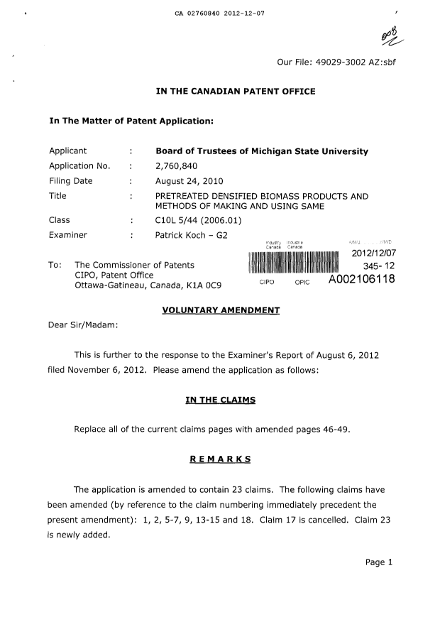 Document de brevet canadien 2760840. Poursuite-Amendment 20111207. Image 1 de 6