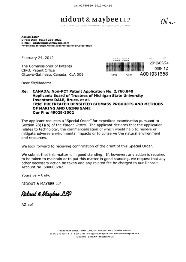 Document de brevet canadien 2760840. Poursuite-Amendment 20111224. Image 1 de 1