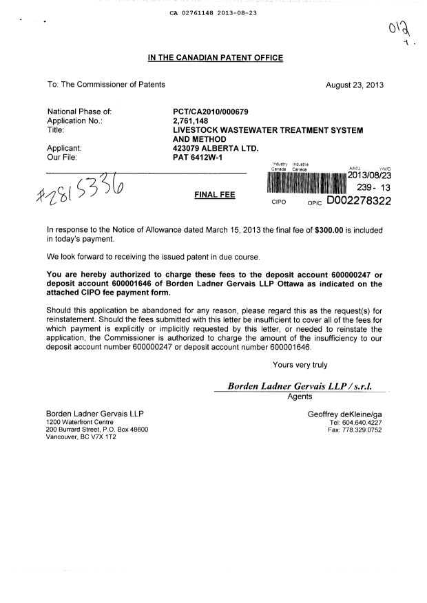 Canadian Patent Document 2761148. Correspondence 20121223. Image 1 of 1