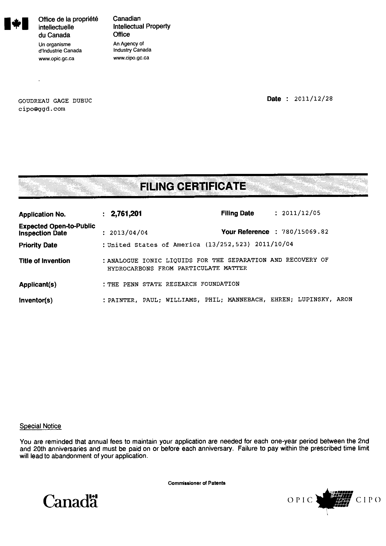 Document de brevet canadien 2761201. Correspondance 20101228. Image 1 de 1