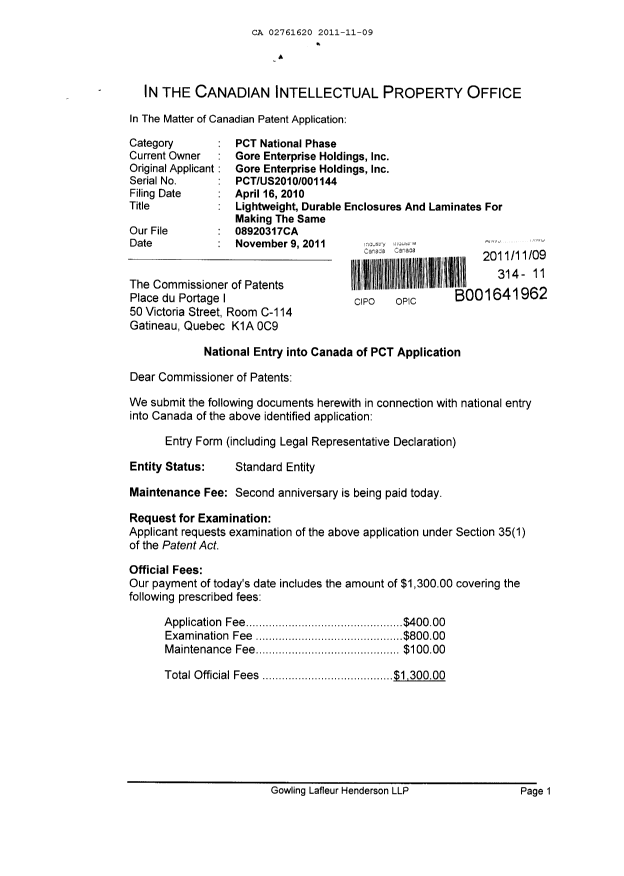 Document de brevet canadien 2761620. Cession 20111109. Image 1 de 4