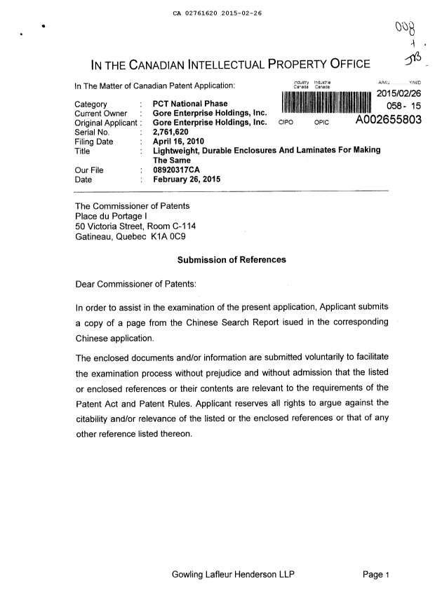 Document de brevet canadien 2761620. Poursuite-Amendment 20150226. Image 1 de 2