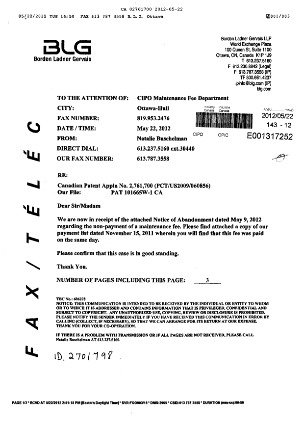 Document de brevet canadien 2761700. Correspondance 20120522. Image 1 de 3