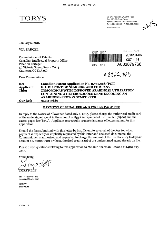 Document de brevet canadien 2761968. Correspondance 20151206. Image 1 de 1