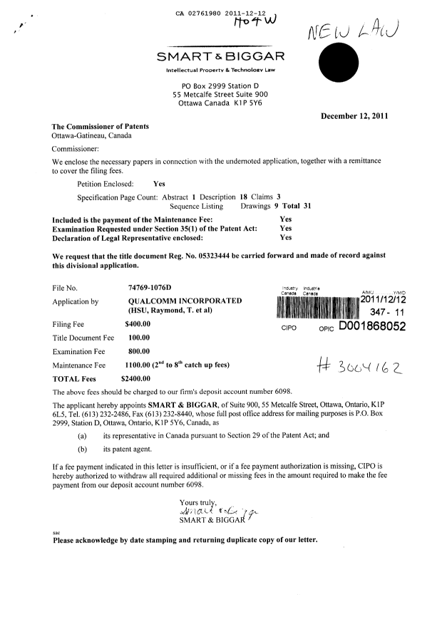 Document de brevet canadien 2761980. Cession 20111212. Image 1 de 3