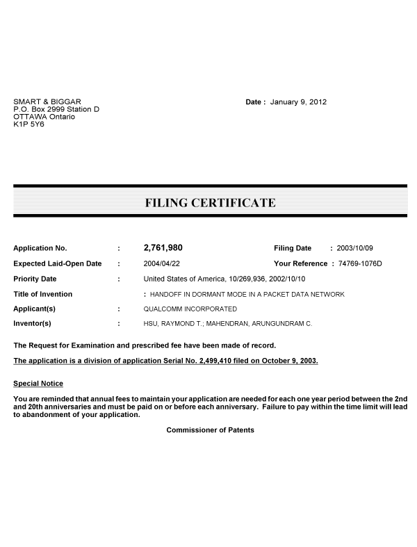 Document de brevet canadien 2761980. Correspondance 20120109. Image 1 de 1