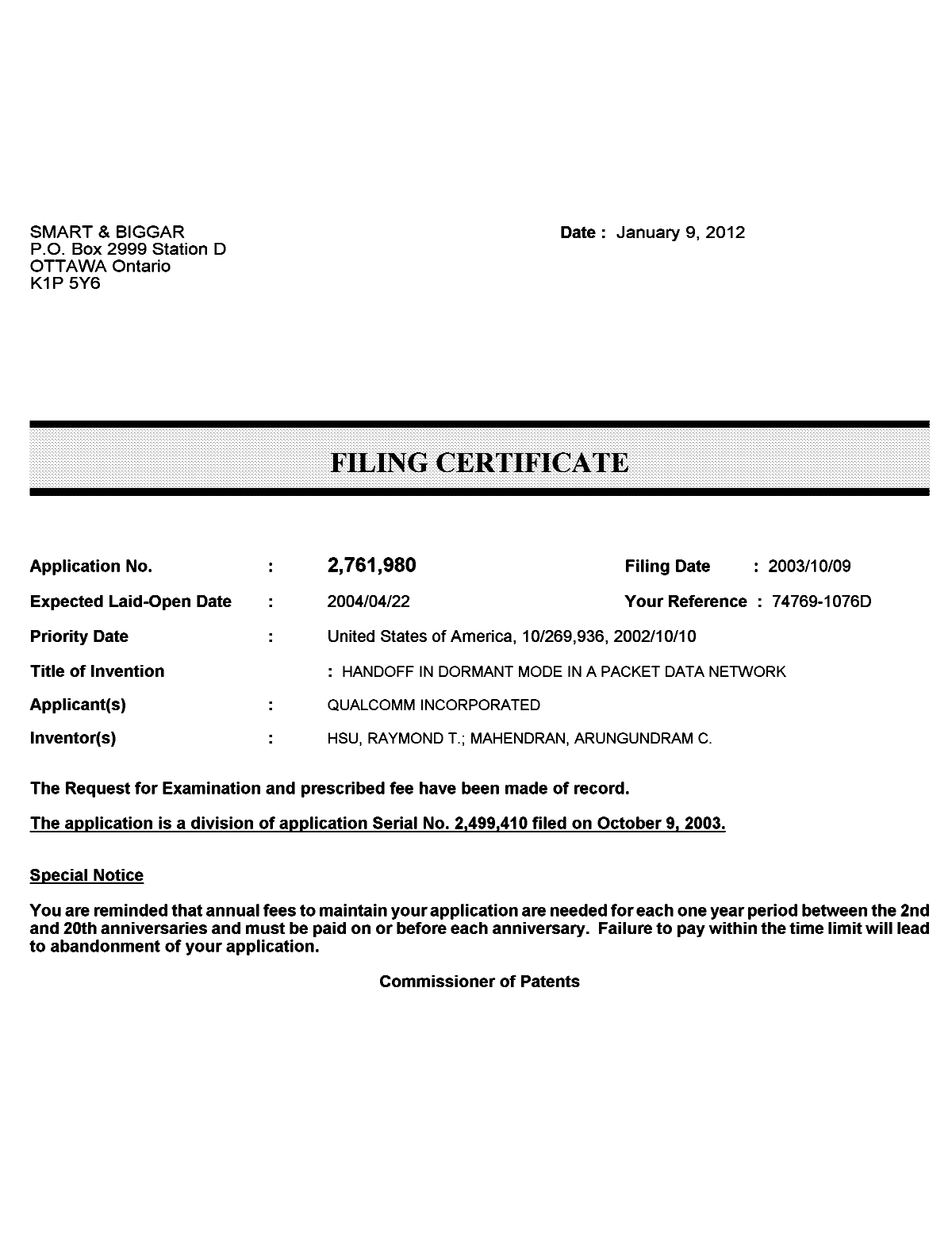 Canadian Patent Document 2761980. Correspondence 20120109. Image 1 of 1