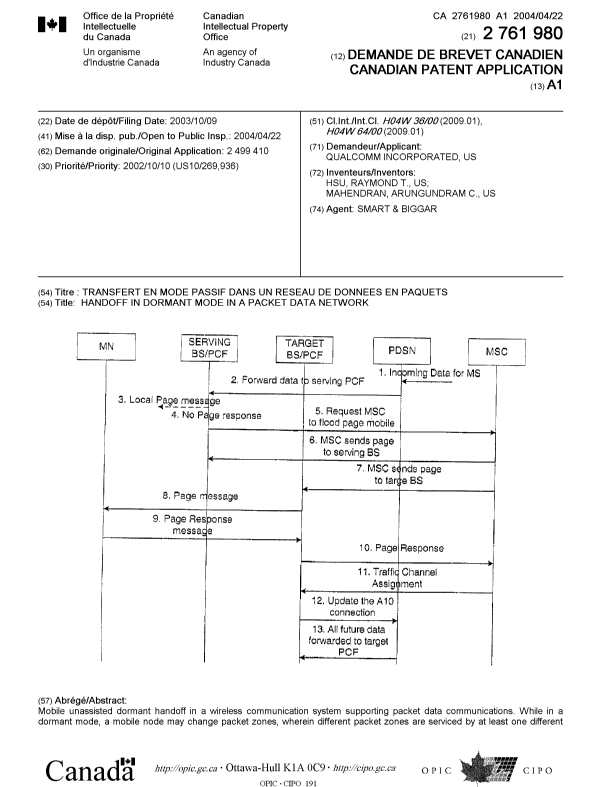 Document de brevet canadien 2761980. Page couverture 20120127. Image 1 de 2