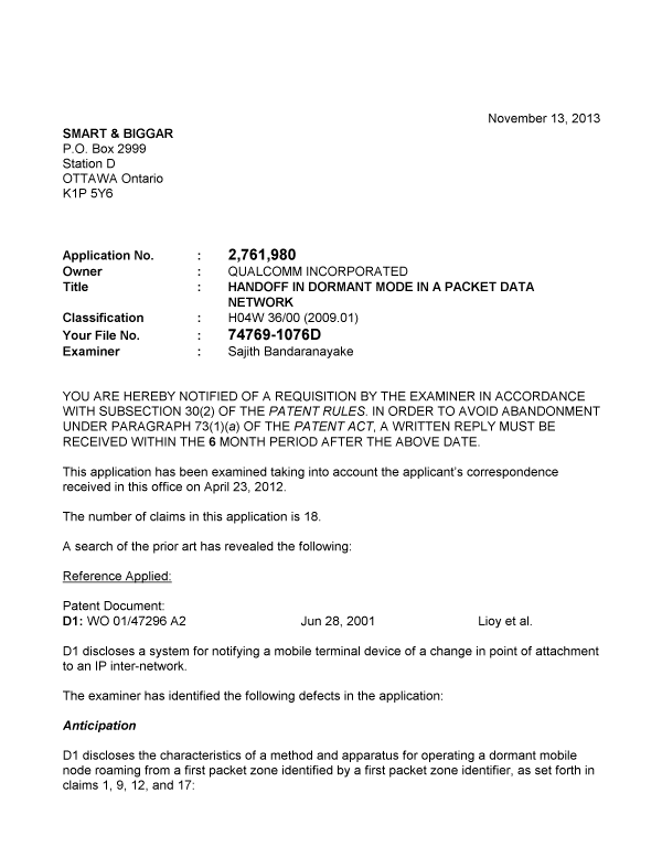Document de brevet canadien 2761980. Poursuite-Amendment 20131113. Image 1 de 2