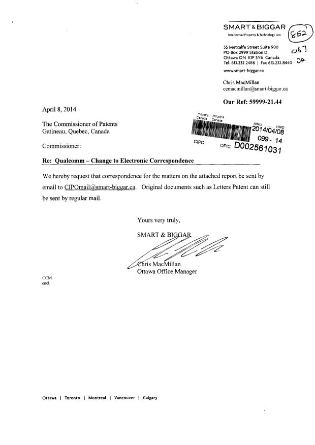 Document de brevet canadien 2761980. Correspondance 20140408. Image 1 de 2