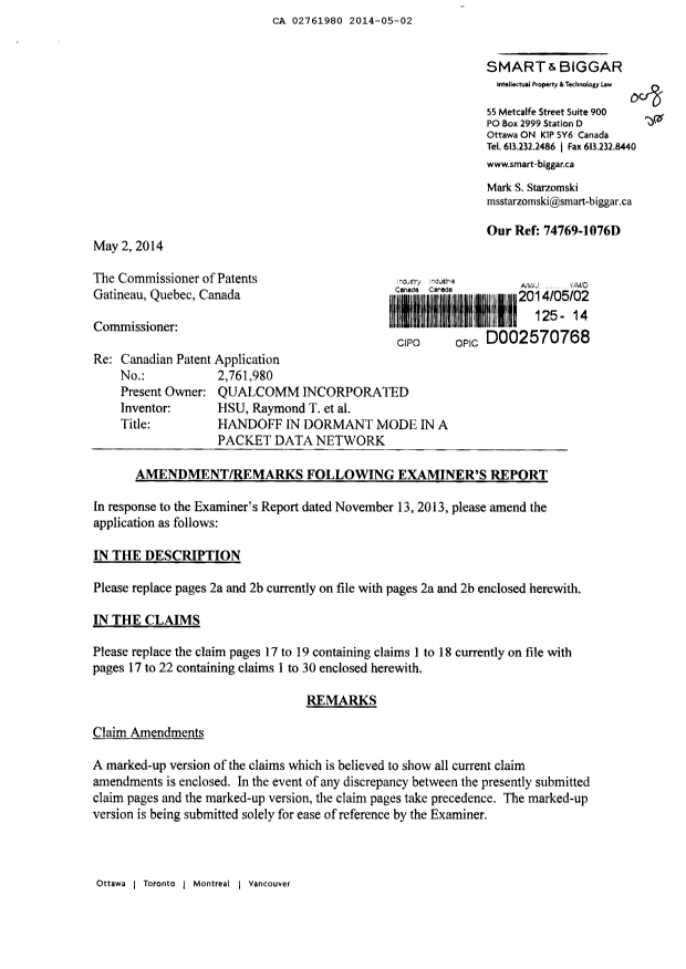 Document de brevet canadien 2761980. Poursuite-Amendment 20140502. Image 1 de 20