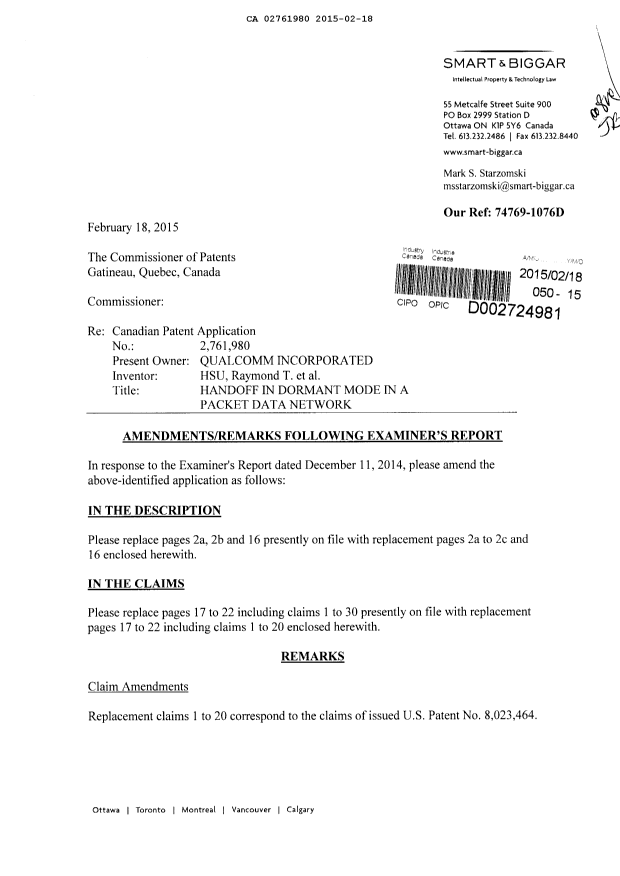 Document de brevet canadien 2761980. Poursuite-Amendment 20150218. Image 1 de 14