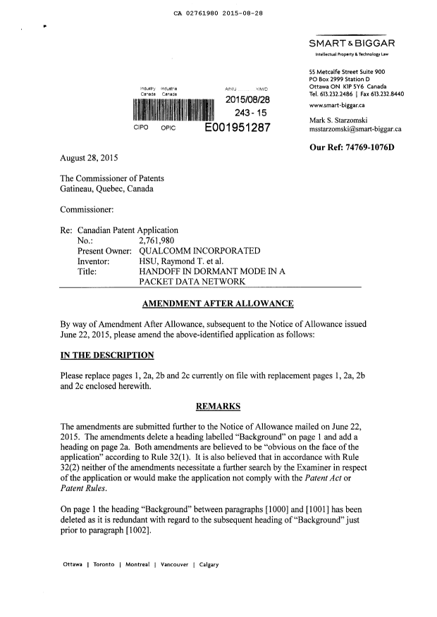 Document de brevet canadien 2761980. Modification après acceptation 20150828. Image 1 de 6