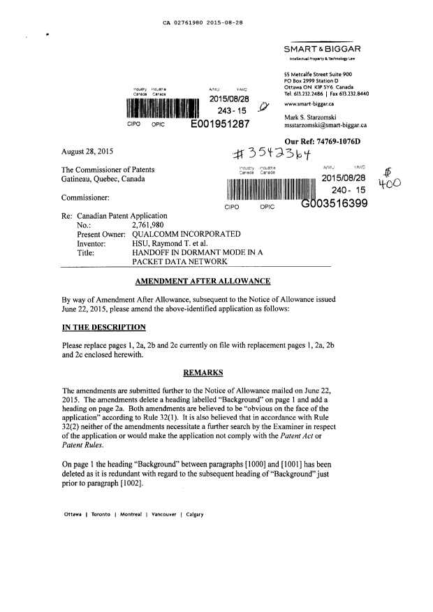Document de brevet canadien 2761980. Modification après acceptation 20150828. Image 1 de 2